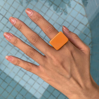 Auramma Collections Bold Color Block Yellow Blue Orange Red Green Clear Pink Khaki Beige Statement Big Brick Rectangle Shaped Rings