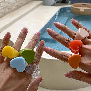 Auramma Collections Bold Color Block Yellow Blue Orange Red Green Clear Pink Statement Big Heart Shaped Rings