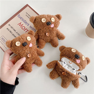 Auramma Collections Cute Brown Furry Cozy Tongue Out Derpy Teddy Bear AirPods 1 2 Pro Case