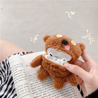 Auramma Collections Cute Brown Furry Cozy Tongue Out Derpy Teddy Bear AirPods 1 2 Pro Case