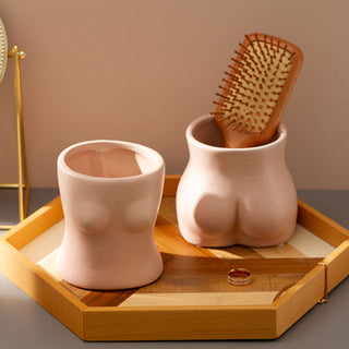 Auramma Collections Minimalist Artsy Lady Upper Lower Body Shape Pink Ceramic Vase Planter Pen Brush Holder