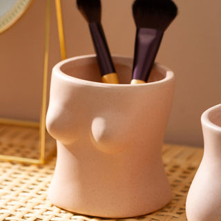 Auramma Collections Minimalist Artsy Lady Upper Lower Body Shape Pink Ceramic Vase Planter Pen Brush Holder