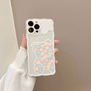Auramma Collections Clear Wavy White Melting Colorful Flower Bear Outline TPU Case iPhone 14 13 12 11 Pro Max Plus Mini