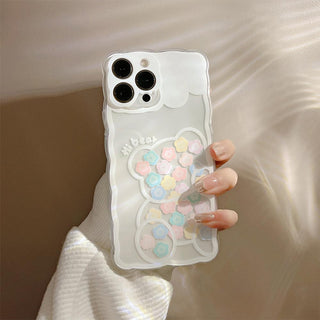 Auramma Collections Clear Wavy White Melting Colorful Flower Bear Outline TPU Case iPhone 14 13 12 11 Pro Max Plus Mini
