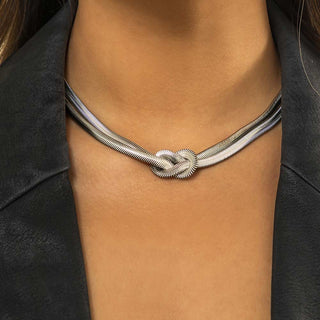 Auramma Collections Cool Punk Bold Knotted Design Silver Gold Plated Herringbone Snake Flat Surface Choker Necklace