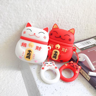 Auramma Collections Cute 3D Black White Red Japanese Lucky Cat Silicone Case For AirPods 1 2 3 Pro