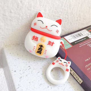Auramma Collections Cute 3D Black White Red Japanese Lucky Cat Silicone Case For AirPods 1 2 3 Pro