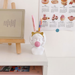 Auramma Collections Cute Resin Girl Pink Bubble Gum Gold Cat Ears Pen Holder