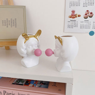 Auramma Collections Cute Resin Girl Pink Bubble Gum Gold Rabbit Cat Ears Pen Brush Holder Planter