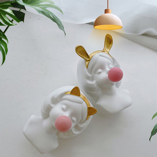 Auramma Collections Cute Resin Girl Pink Bubble Gum Gold Rabbit Cat Ears Brush Holder