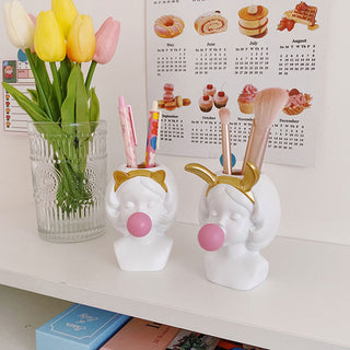 Auramma Collections Cute Resin Girl Pink Bubble Gum Gold Rabbit Cat Ears Brush Pencil Holder