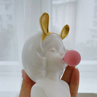 Auramma Collections Cute Resin Girl Pink Bubble Gum Gold Rabbit Ears Brush Holder