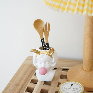 Auramma Collections Cute Resin Girl Pink Bubble Gum Gold Rabbit Ears Utensils Holder