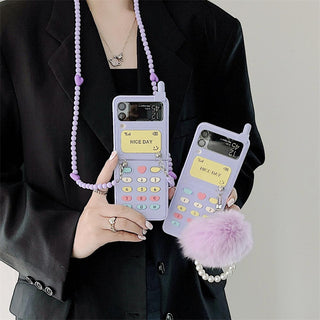 Auramma Collections Cute Y2K Style Purple Flip Phone Design Matching Chain Fur Ball Charm Soft TPU Case Samsung Galaxy Z Flip 3 4