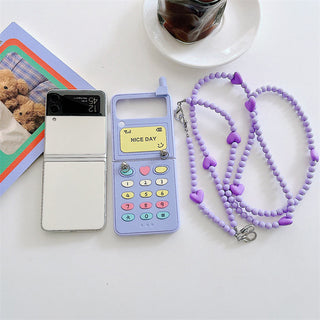 Auramma Collections Cute Y2K Style Purple Flip Phone Design Matching Chain Fur Ball Charm Soft TPU Case Samsung Galaxy Z Flip 3 4