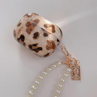 Auramma Collections Elegant Glittery Leopard Print TPU Case with Pearl Beaded Keychain for AirPods 1 2 Pro