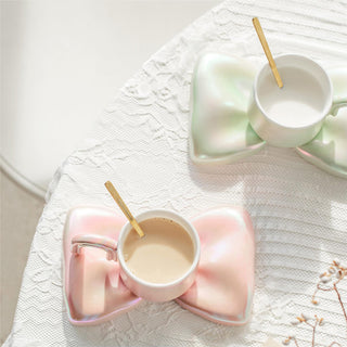 Auramma Collections Funky Kawaii Princess Fairy Radiant Pink Purple Green White Arch Handle Tea Cup Bowknot Plate Set