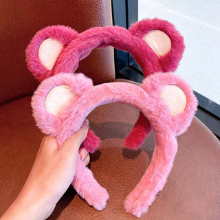 Auramma Collections Funky Kawaii Fluffy Plush Strawberry Pink Red Bear Ears Hair Band