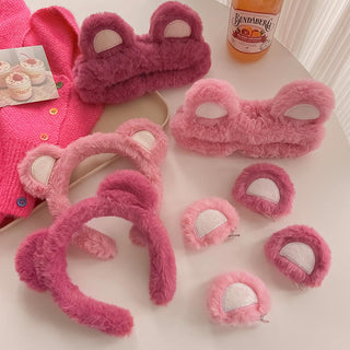 Auramma Collections Funky Kawaii Fluffy Plush Strawberry Pink Red Bear Ears Hair Band Headband Clips