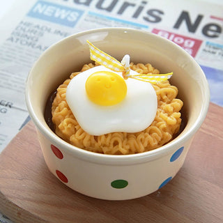 Auramma Collections Funky Kawaii Creative Realistic Instant Ramen Noodles Smiley Sunny Side Up Fried Egg White Colorful Polka Dots Bowl Handmade Aromatherapy Scented Soy Wax Candle