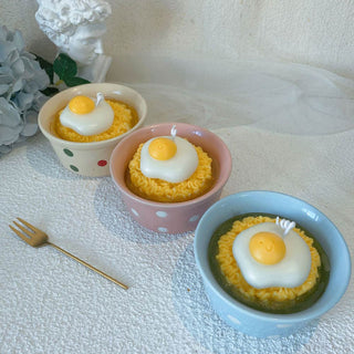 Auramma Collections Funky Kawaii Creative Realistic Instant Ramen Noodles Smiley Sunny Side Up Fried Egg White Blue Pink Colorful Polka Dots Bowl Handmade Aromatherapy Scented Soy Wax Candle