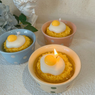 Auramma Collections Funky Kawaii Creative Realistic Instant Ramen Noodles Smiley Sunny Side Up Fried Egg White Blue Pink Colorful Polka Dots Bowl Handmade Aromatherapy Scented Soy Wax Candle