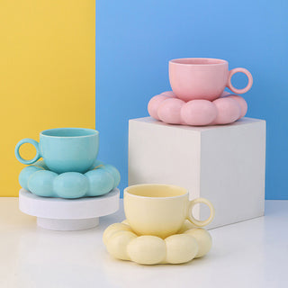 Auramma Collections Funky Kawaii Pastel Blue Yellow Pink Pearl White Cup Mug Puffy Cloud Flower Plate Coaster Set