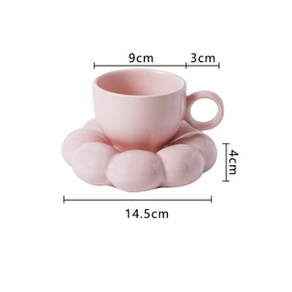 Auramma Collections Funky Kawaii Pastel Blue Yellow Pink Pearl White Cup Mug Puffy Cloud Flower Plate Coaster Set
