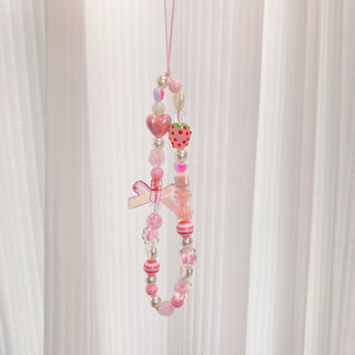 Auramma Collections Funky Kawaii Pink Clear Strawberry Heart Ribbon Flower Bead Phone Charm