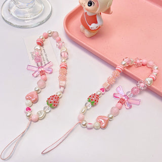 Auramma Collections Funky Kawaii Pink Clear Strawberry Heart Ribbon Flower Bead Phone Charm