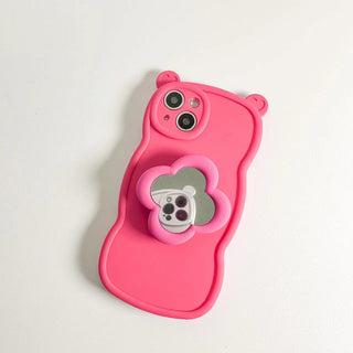 Auramma Collections Funky Kawaii Wine Red White Green Pink Plain Bear Ears Wavy Edge Matching Flower Shaped Mirror Pull Out Grip Soft TPU Case iPhone 14 13 12 11 Pro Max X XS XR