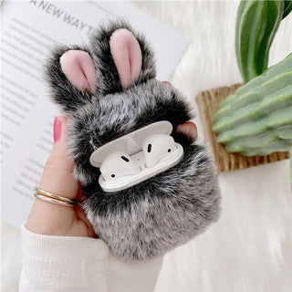 Auramma Collections Furry Cozy Black Pink Bunny Rabbit Ears Plush AirPods 1 2 Case