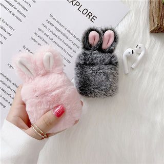 Auramma Collections Furry Cozy Black Pink Bunny Rabbit Ears Plush AirPods Case