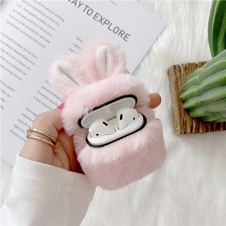 Auramma Collections Furry Cozy Pink White Bunny Rabbit Ears Plush AirPods 1 2 Case