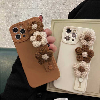 Auramma Collections Matte Plain White Caramel TPU Case Matching Slide Decorated with White Caramel Knitted Flowers for iPhone 13 12 11 Pro Max Mini X XS XR 7 8 Plus