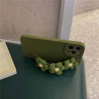 Auramma Collections Matte Plain Green TPU Case Matching Slide Decorated with Matching Color Knitted Flowers for iPhone 13 12 11 Pro Max Mini X XS XR 7 8 Plus