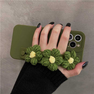 Auramma Collections Matte Plain Green TPU Case Matching Slide Decorated with Matching Color Knitted Flowers for iPhone 13 12 11 Pro Max Mini X XS XR 7 8 Plus