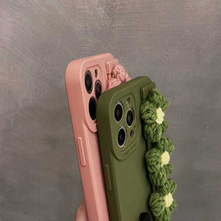 Auramma Collections Matte Plain Dusty Pink Green TPU Case Matching Slide Decorated with Matching Color Knitted Flowers for iPhone 13 12 11 Pro Max Mini X XS XR 7 8 Plus
