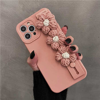 Auramma Collections Matte Plain Dusty Pink Green TPU Case Matching Slide Decorated with Matching Color Knitted Flowers for iPhone 13 12 11 Pro Max Mini X XS XR 7 8 Plus