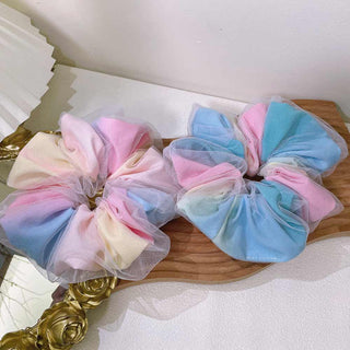 Auramma Collections Pastel Blue Purple Pink Green Yellow Color Ombre Gradient Double Layer White Sheer Scrunchie