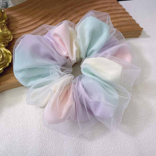 Auramma Collections Pastel Blue Purple Pink Green Yellow Color Ombre Gradient Double Layer White Sheer Scrunchie