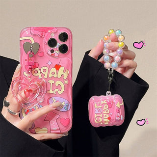 Auramma Collections Pink Y2K Style Cute Heart Cherry Happy Girl Wavy Edge Matching Rainbow Beaded Charm Soft TPU Case AirPods 1 2 3 Pro