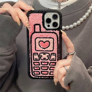Auramma Collections Plush Pink Heart Brick Cell Mobile Phone Winter TPU Case iPhone 15 14 13 12 11 Pro Max