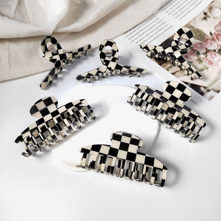 Auramma Collections Retro 90s Fashion Black White Checkerboard Small Large Hollow Box Keel Twist Hair Claw Clip