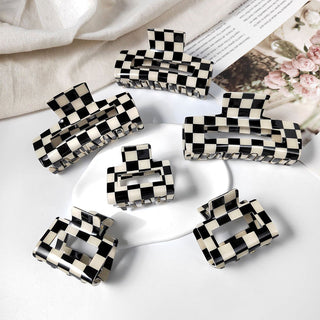 Auramma Collections Retro 90s Fashion Black White Checkerboard Small Large Hollow Box Keel Twist Hair Claw Clip