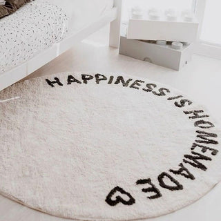 Auramma Collections Round White Faux Wool Black Letters Happiness Home Bedroom Living Area Rug