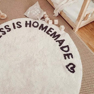 Auramma Collections Round White Faux Wool Black Letters Happiness Home Bedroom Living Area Rug