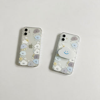 Auramma Collections Clear Soft TPU Case Printed Cute Emotional Clouds with Big Smiley Cloud Pull Out Grip for iPhone 13 12 11 Pro Max Mini X XS XR 7 8 Plus