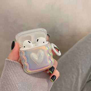 Auramma Collections Wavy 3D Radiant Color Pearl White Warped Heart Shaped Keyring Soft TPU Case AirPods 1 2 3 Pro