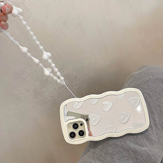 Auramma Collections White Wavy Bumper Mirror Hearts Beaded Charm TPU Case iPhone 14 13 12 11 Pro Max Plus